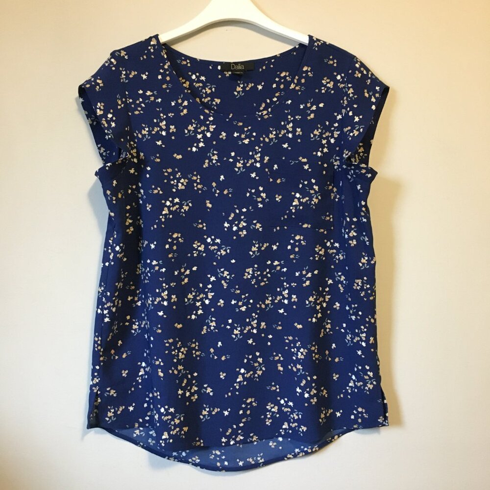 Dalia Blue Cap Sleeve Ditsy Floral Print Top Small
